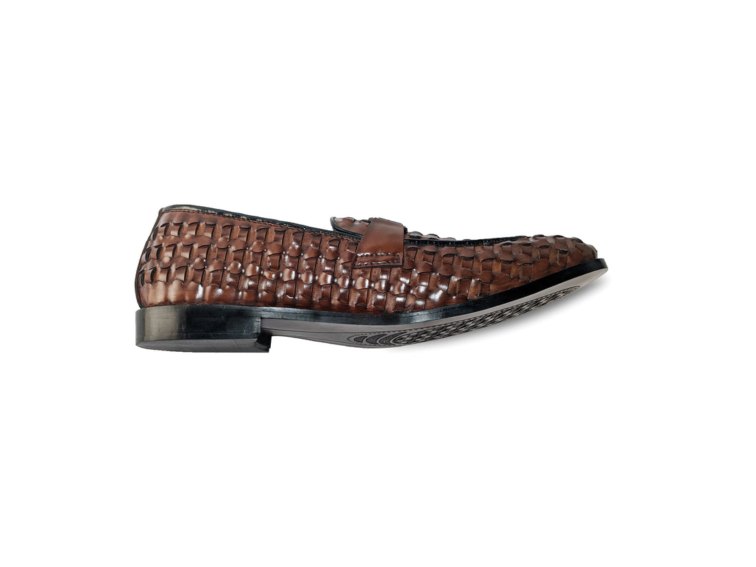 Elite Handwoven Coffee Brown Leather Loafers - 328