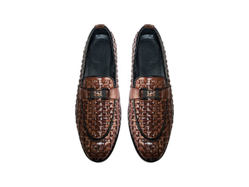 Elite Handwoven Coffee Brown Leather Loafers - 328