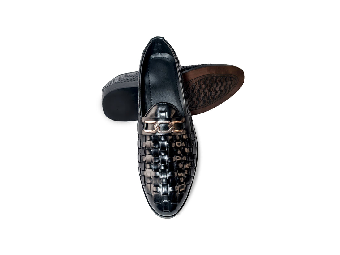 Luxury Black Woven Leather Loafers with Chain Detail - 329