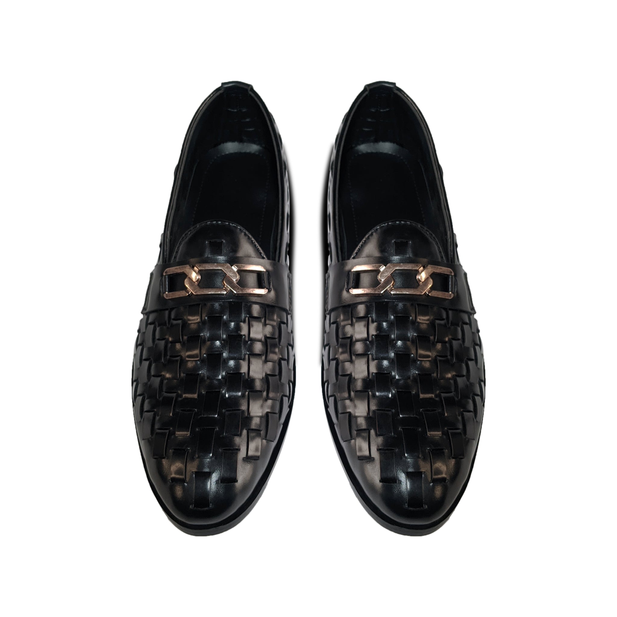 Luxury Black Woven Leather Loafers with Chain Detail - 329