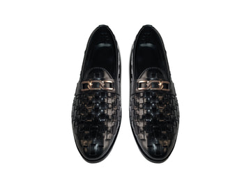 Luxury Black Woven Leather Loafers with Chain Detail - 329