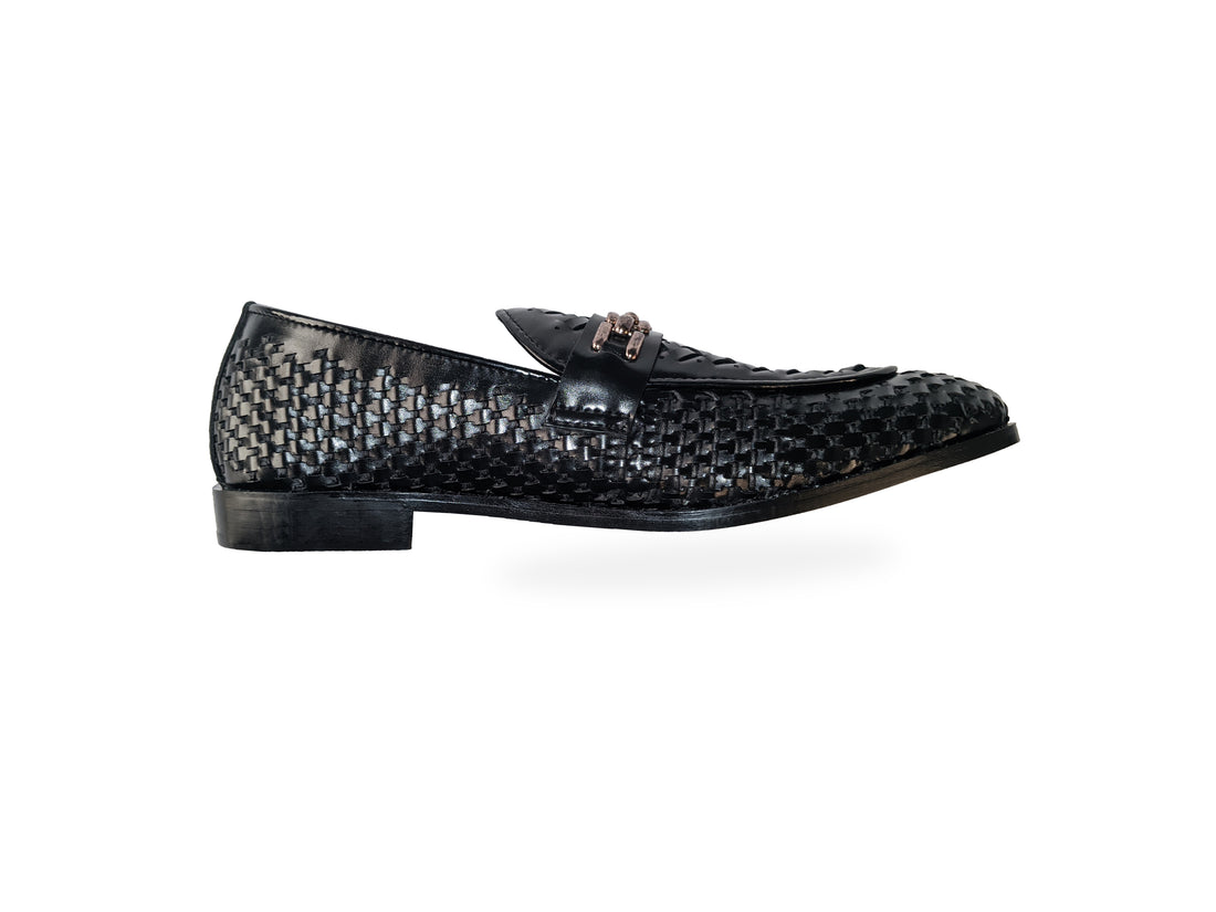 Black Woven Leather Loafers with Gold Chain Detail - 330