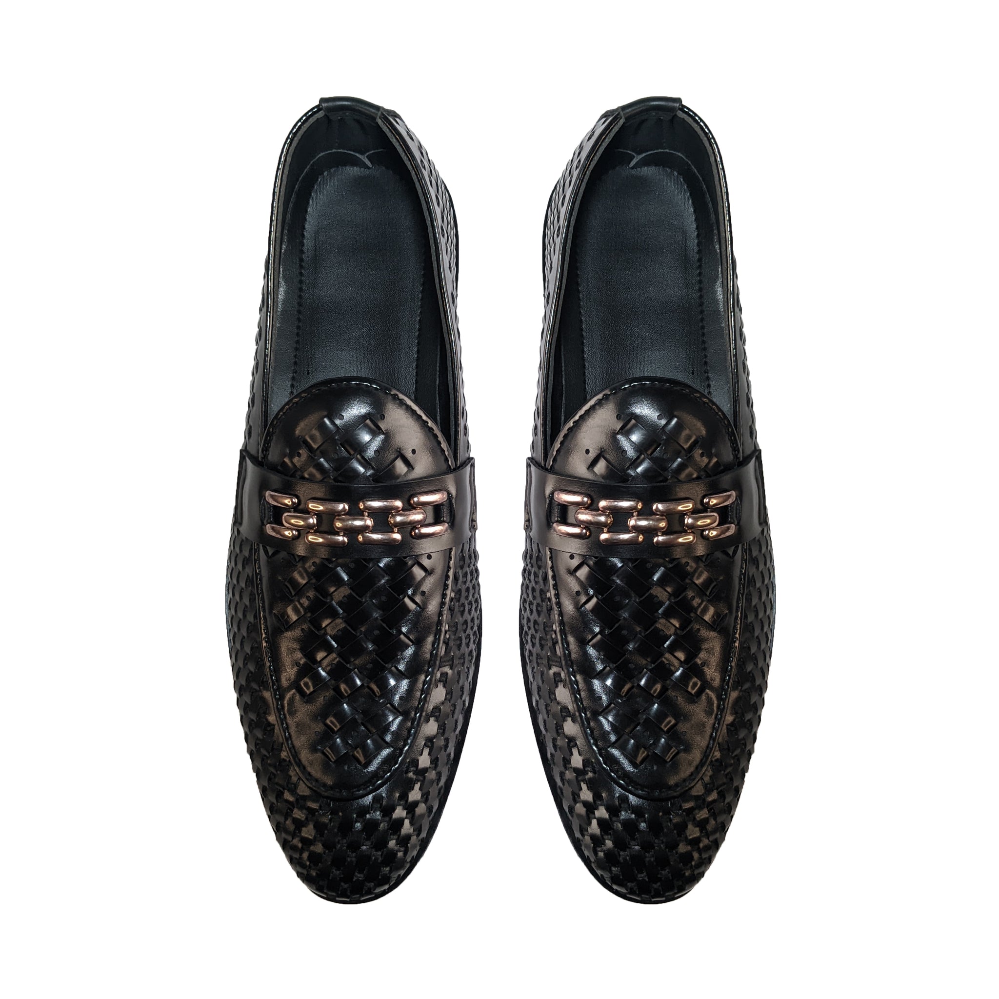 Black Woven Leather Loafers with Gold Chain Detail - 330