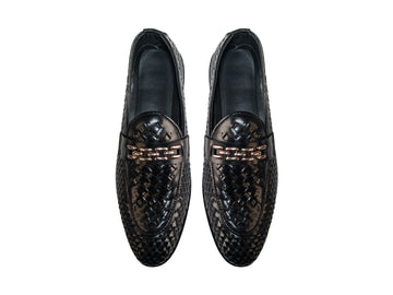 Black Woven Leather Loafers with Gold Chain Detail - 330