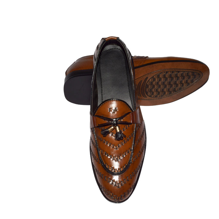 Woven Pattern Leather Loafers with Tassel Detailing - 321