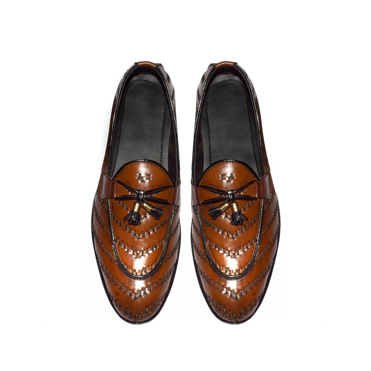 Woven Pattern Leather Loafers with Tassel Detailing - 321