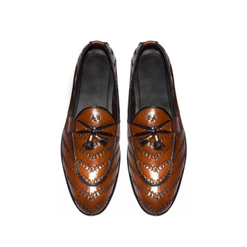 Woven Pattern Leather Loafers with Tassel Detailing - 321
