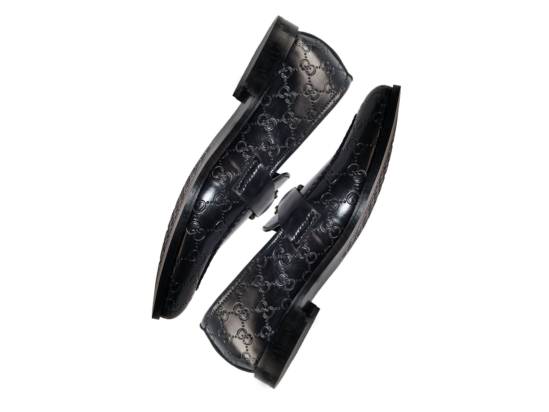 Black Embossed Leather Loafers with Bee Ornament - 326