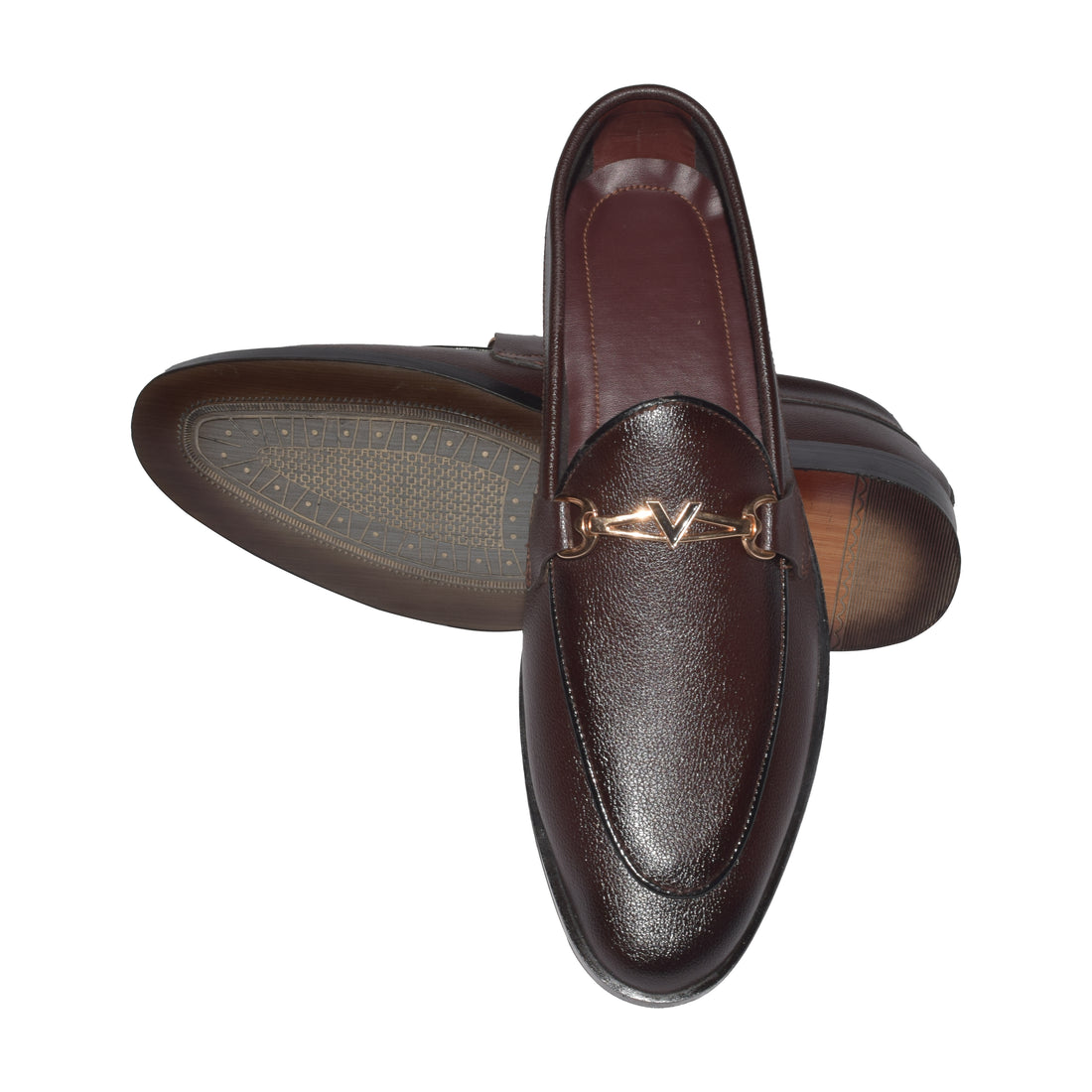Brown leather loafers with gold metal “V” bi -315