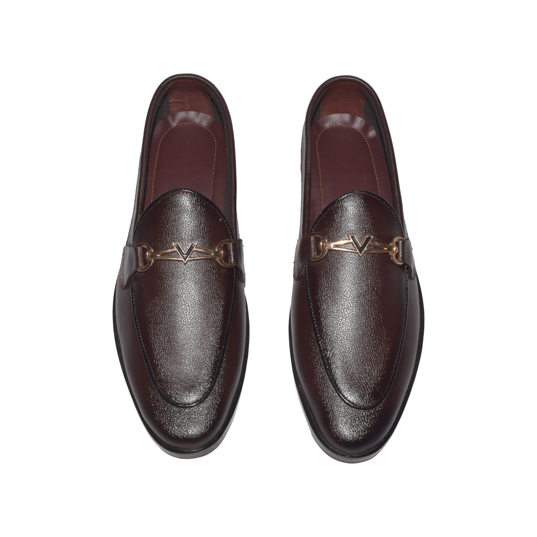 Brown leather loafers with gold metal “V” bi -315
