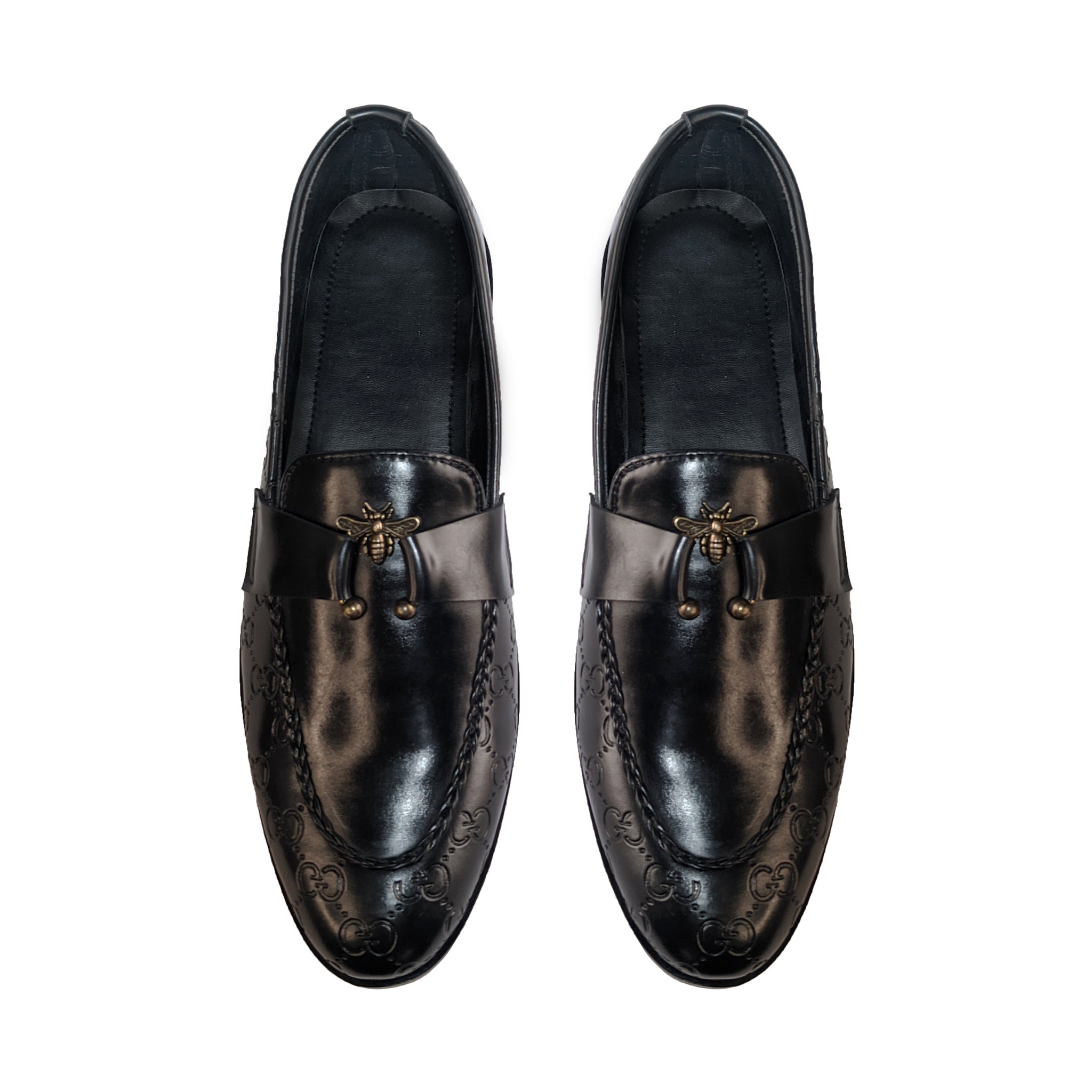 Black Embossed Leather Loafers with Bee Ornament - 326