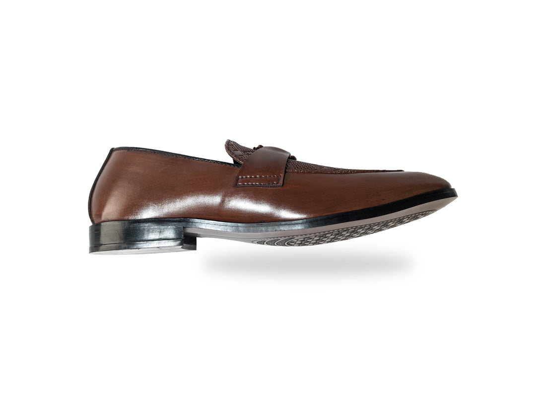 Premium Tan Embossed Leather Loafers with Bee Accent - 327