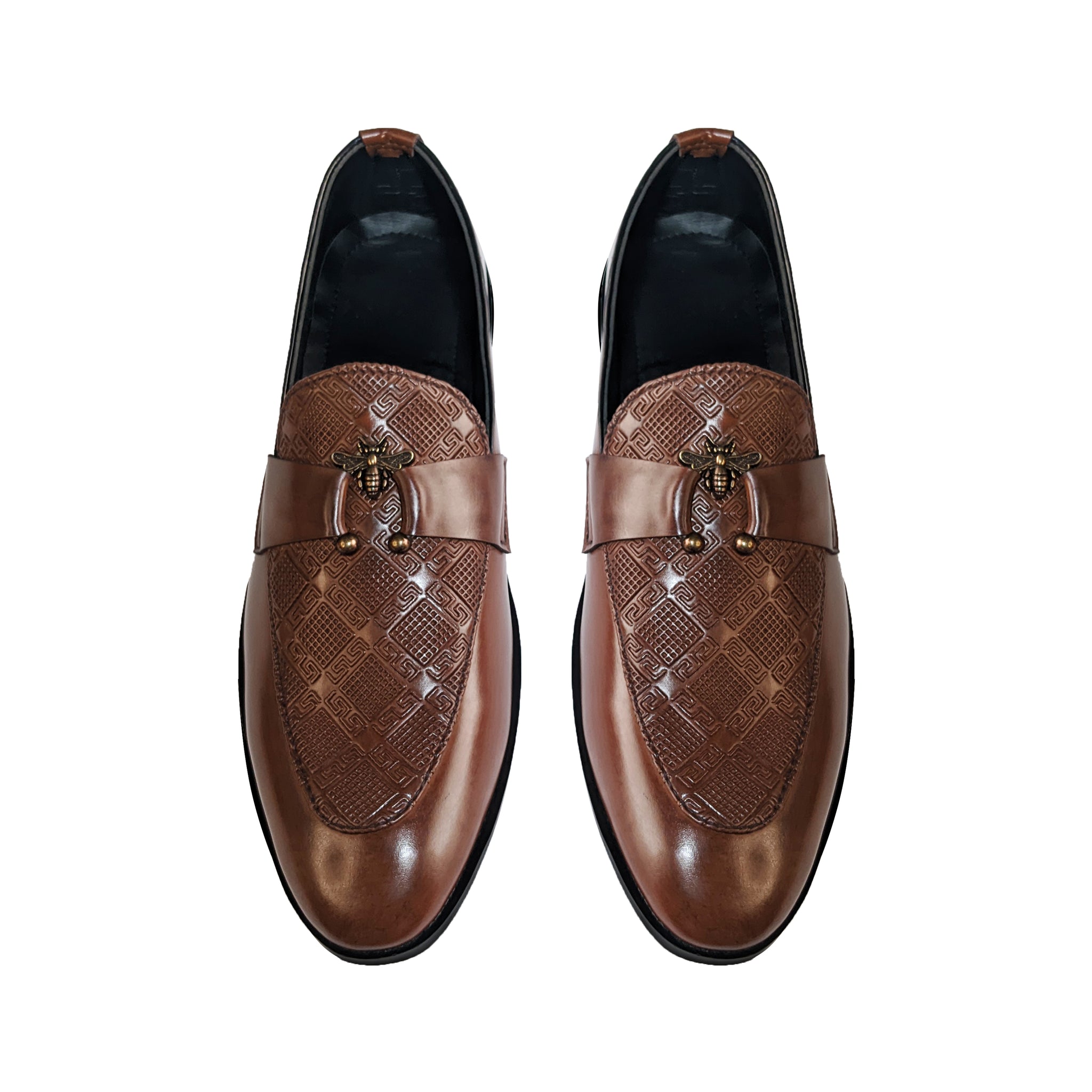 Premium Tan Embossed Leather Loafers with Bee Accent - 327