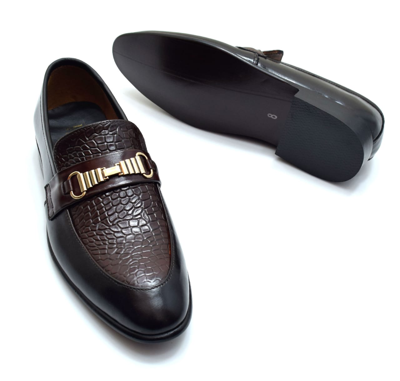 Croc-Embossed Leather Loafers with Golden Buckle - 306