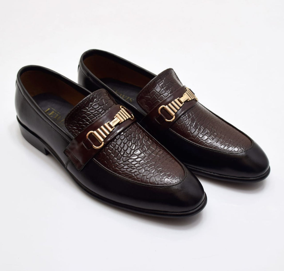 Croc-Embossed Leather Loafers with Golden Buckle - 306
