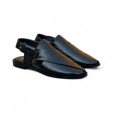 Handmade Black Crocbosed Peshawari Chappal - 401